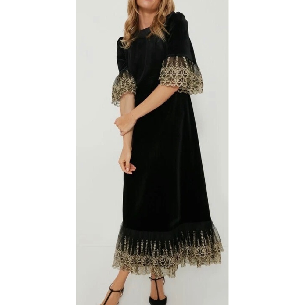 Pomander Place Lilith Black Velvet Lace Trim Midi Dress Victorian Gothic Small